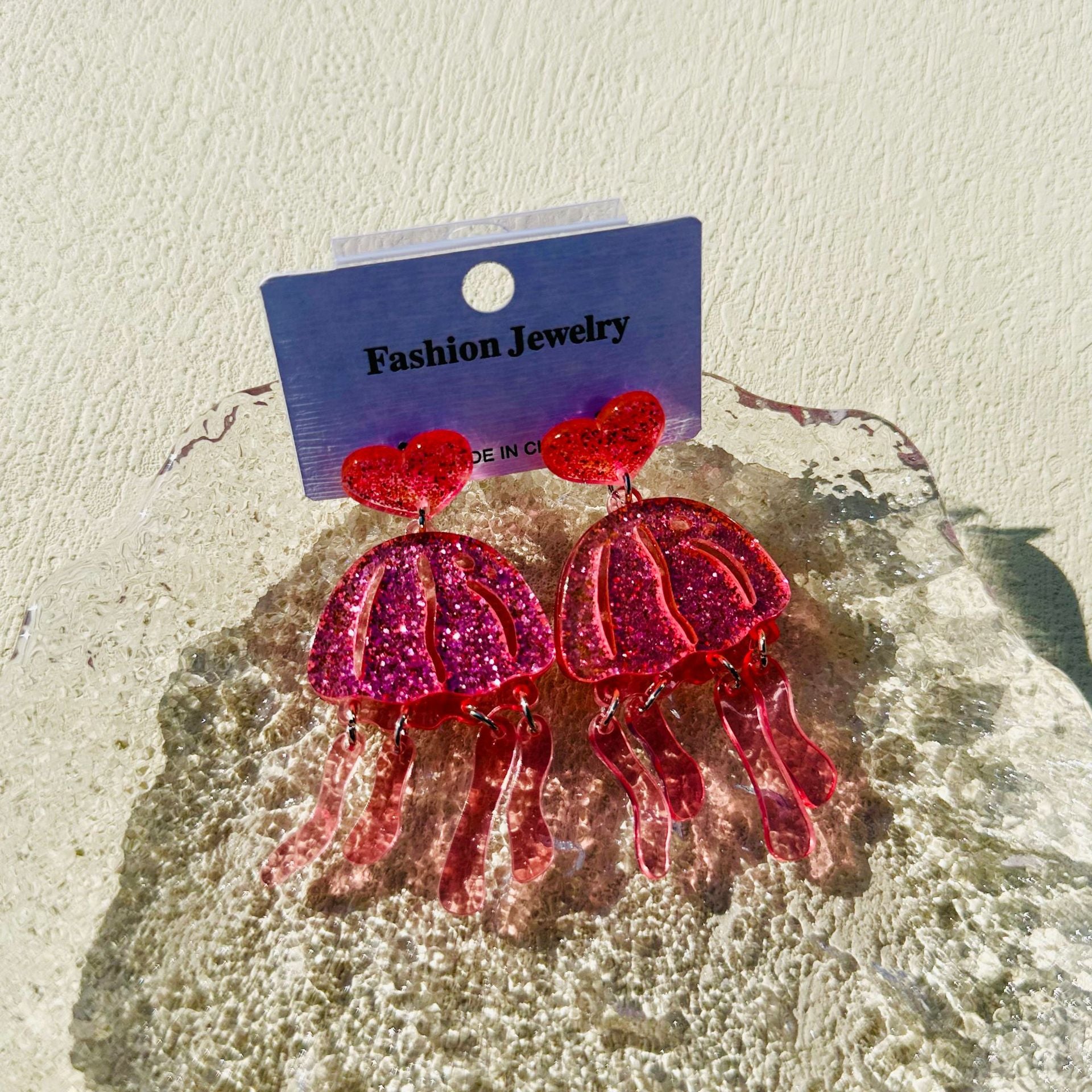 Wholesale Acrylic Valentine's Day Love Heart Jellyfish Glitter Earrings