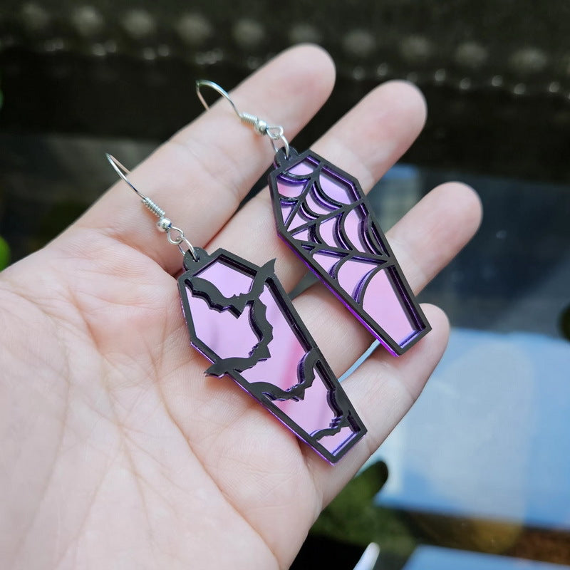 Wholesale Acrylic Gothic Bat Earrings Retro  Web Coffin Design Green Mirror Finish Fashion Accessory For Resale