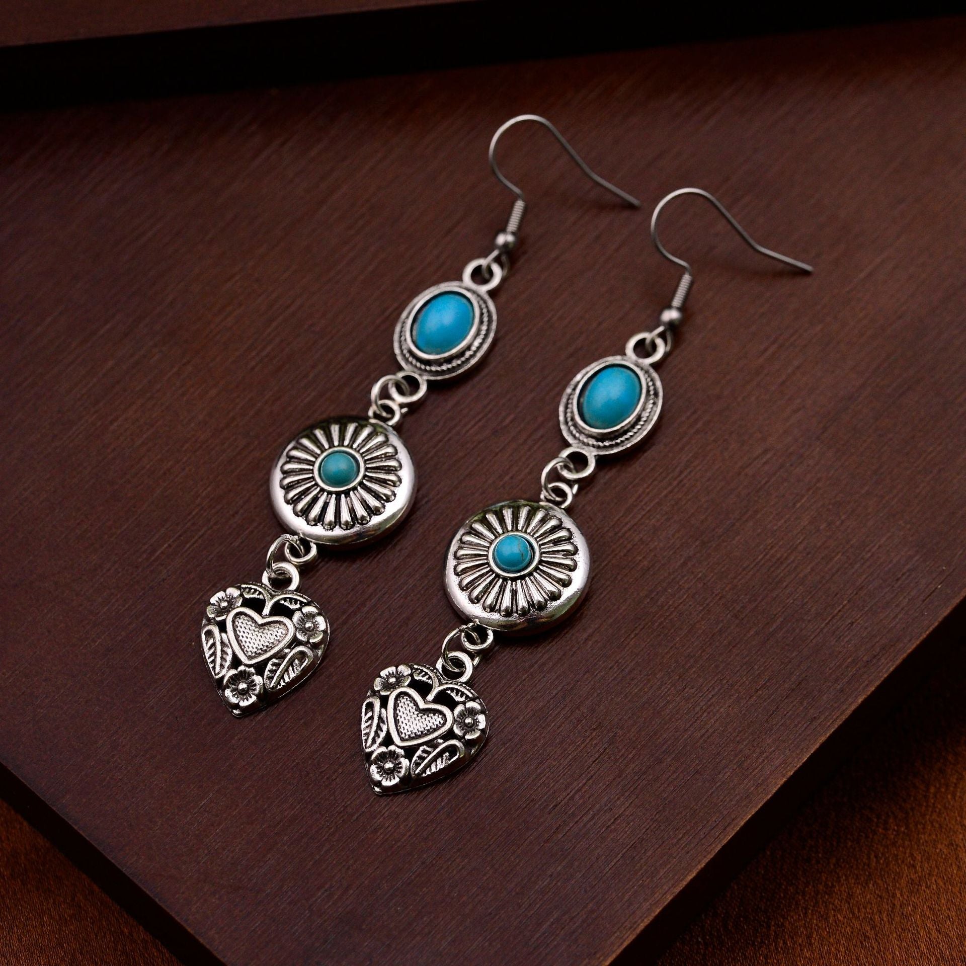 Wholesale Vintage Bohemian Elegant Distressed Texture Floral Heart Pendant Earrings with Turquoise Long Tassel Ear Jewelry