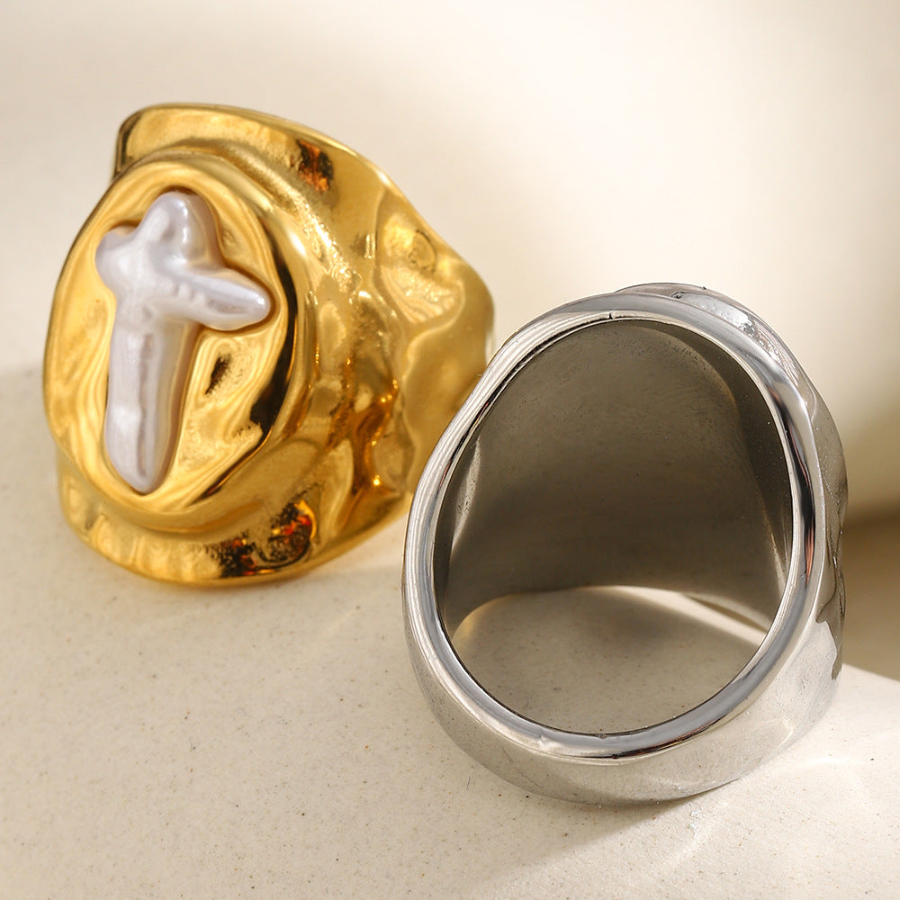 Wholesale 18K Gold Plated Imitation Pearl Cross Oval Ring,  Niche Style Fashion Jewelry Accessory for Boutique Resale
