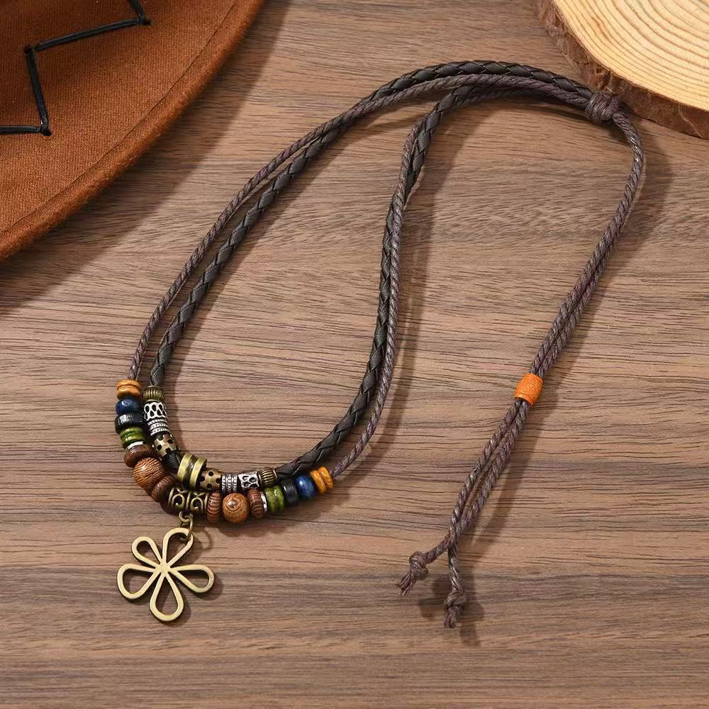 Wholesale Trendy Five Leaf Clover Wax Rope Necklace And Earring Set With Shell Pendant Party Wear Jewelry Accessory