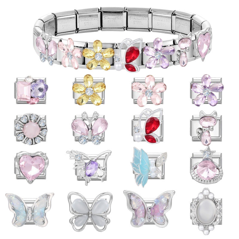 Wholesale DIY Italian Style Butterfly Flower Pearl Bracelet Set Stainless Steel Jewelry Accessory Gift Boutique