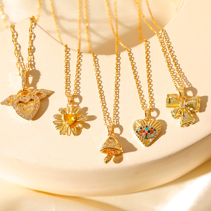 Wholesale  Stainless Steel  Devil's Eye Accessories Small Mushroom Bow Micro-inlaid Color Necklaces