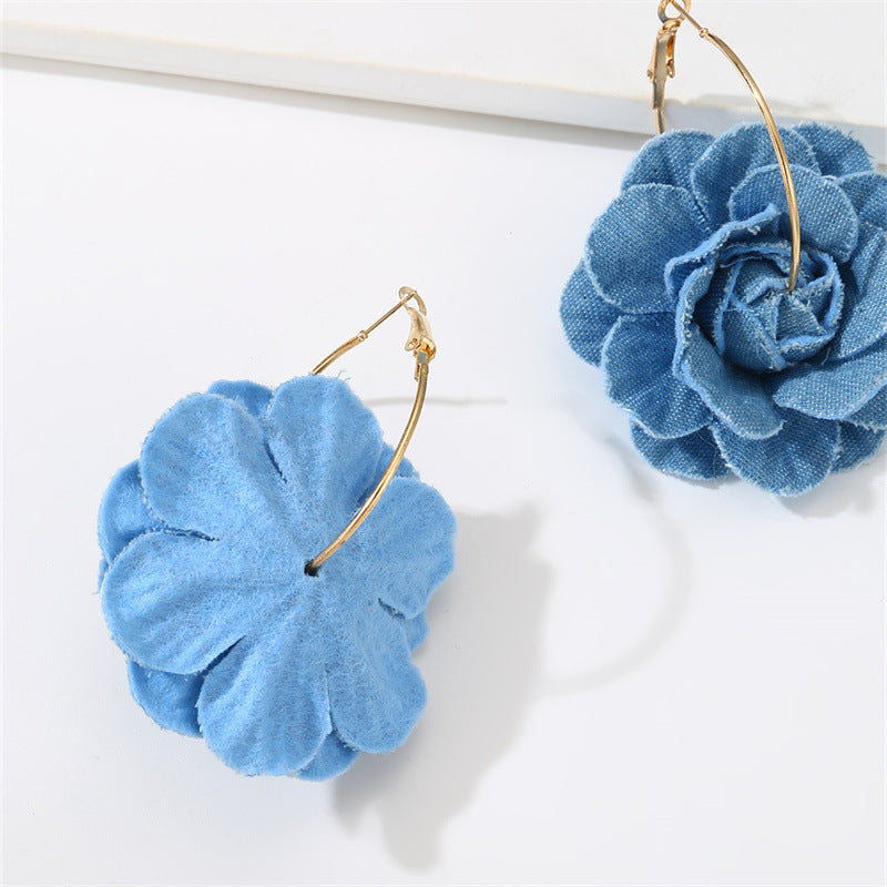 Wholesale Camellia denim blue fabric earrings