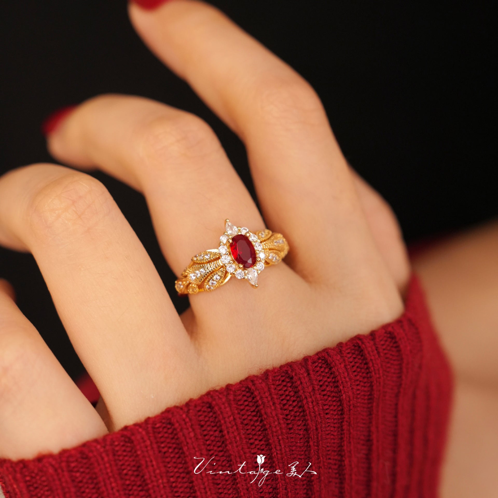 Wholesale Vintage French Court Style Red Ruby Open Ring,  Copper Electroplate,  Adjustable Open Ring for Everyday Fashion Accessory