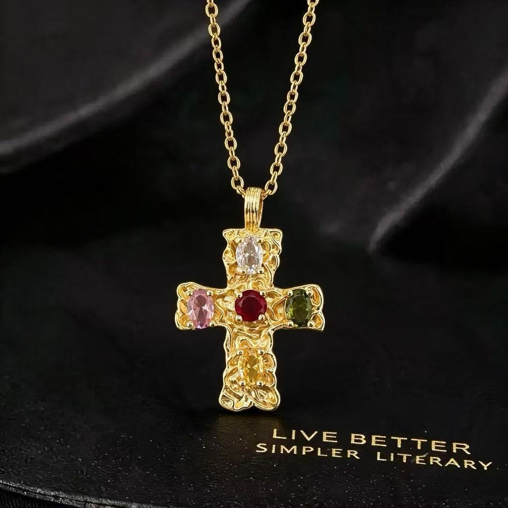 Wholesale Gold Tone Copper Zircon Cross Pendant Necklace Trendy Lava Cross Design Fashion Jewelry Accessory For Women Boutique Resale