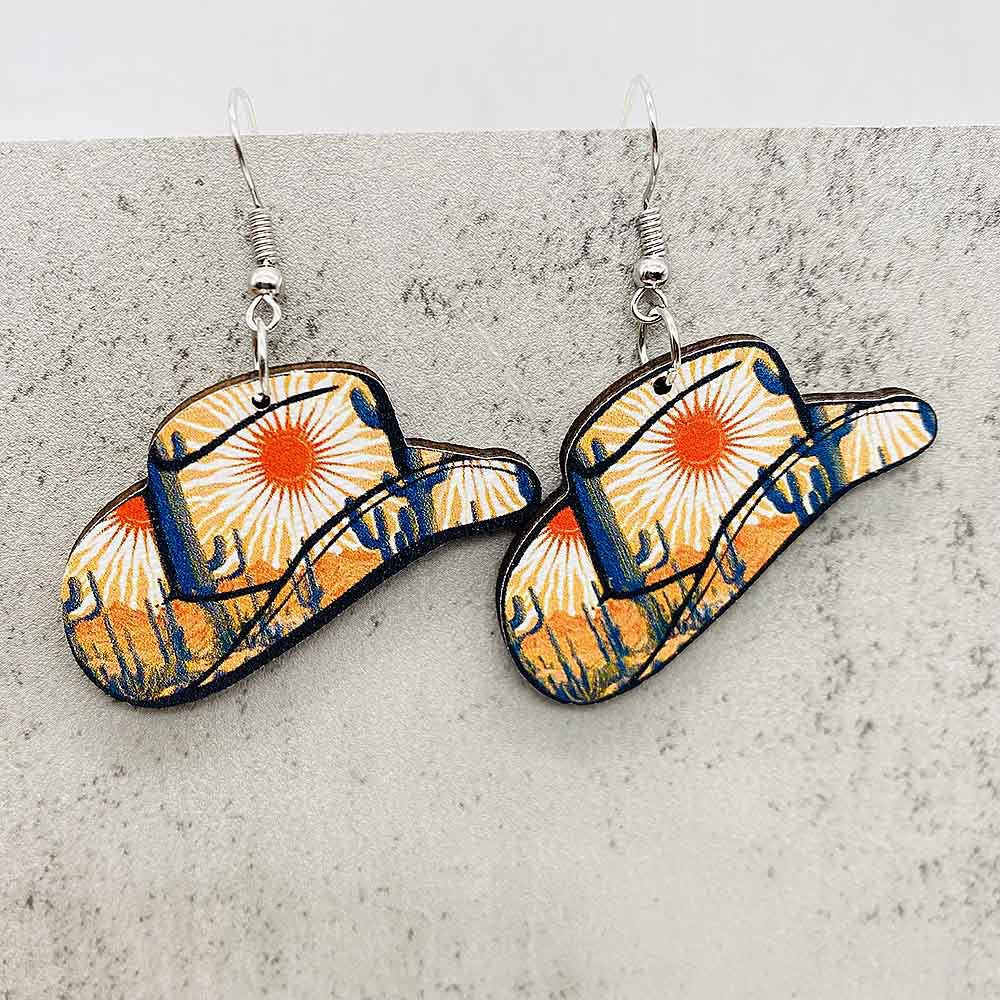 Wholesale Cactus Western Cowboy Style Wooden Earrings ACC-ES-Cheny009
