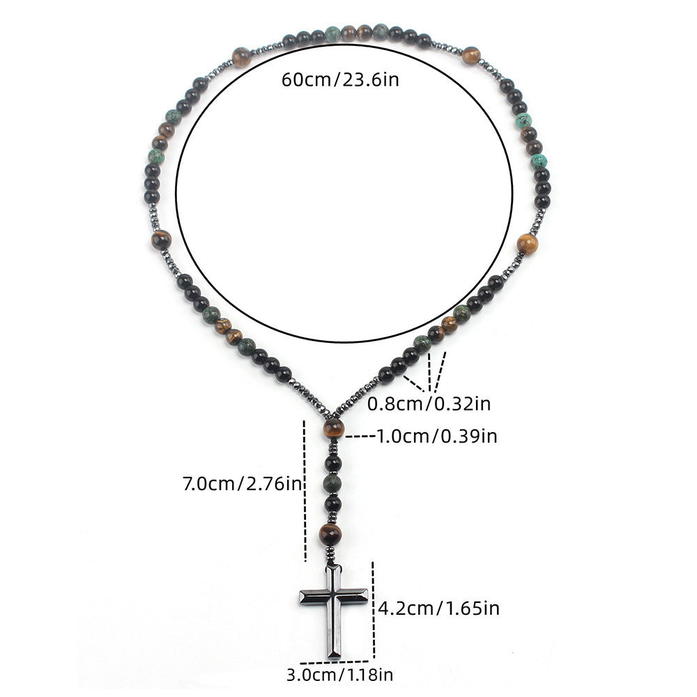 Wholesale Yellow Tiger Eye Retro Natural Stone Men' s Long Cross Necklace