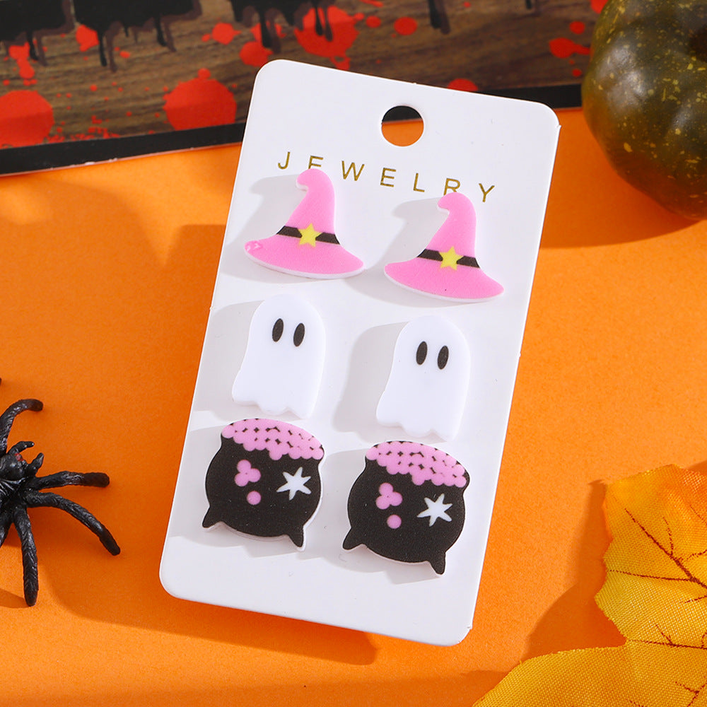 Wholesale  Cute Witch Hat Ghost Magic Cylinder Halloween Earrings Set