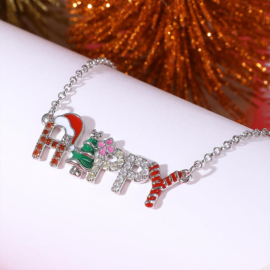 Wholesale  Christmas Letter Diamond Pendant Happy Oil Dripping Clavicle Chain  Necklace