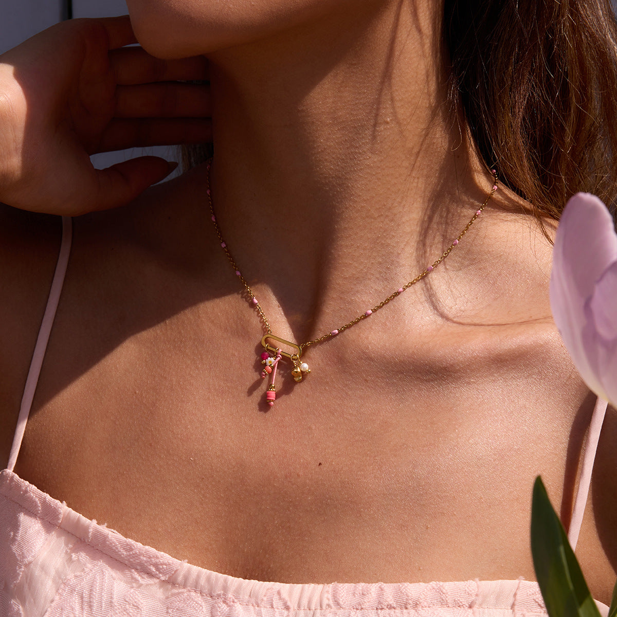 Wholesale  18K Gold Stainless Steel Oil Dropping Pearl Color Crystal Necklaces