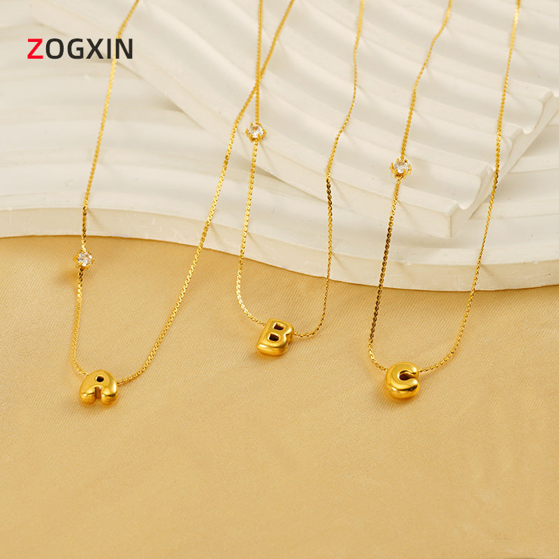Wholesale  Stainless steel inlaid zircon chubby 26 letters pendant necklace