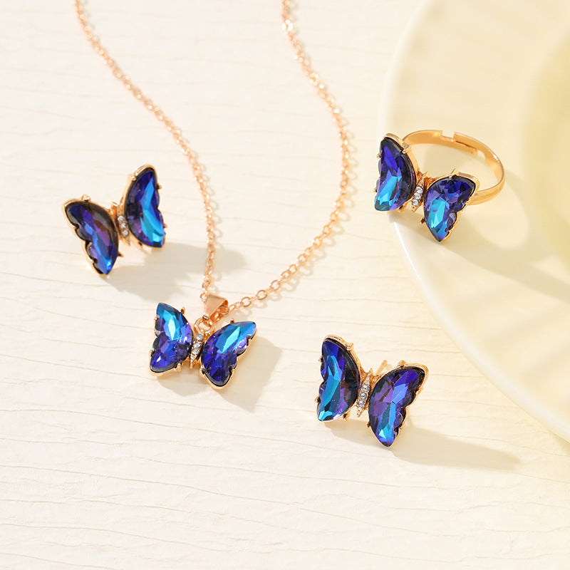 Wholesale Colorful Inlaid 3-piece Earrings Necklace Ring Butterfly Diamond Necklace ACC-RS-YunJin003