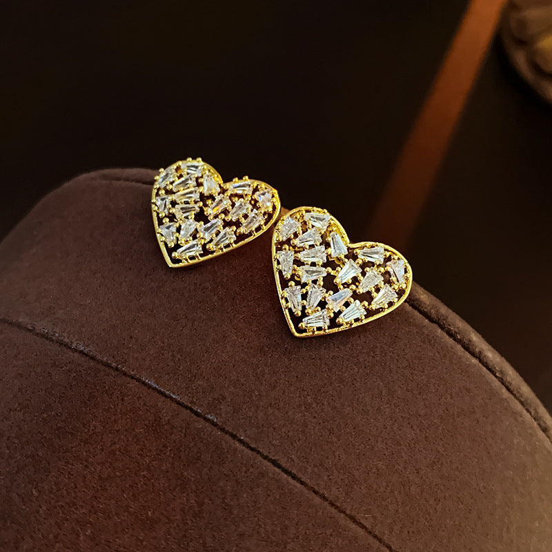 Wholesale Real gold plated silver needle zircon heart earrings
