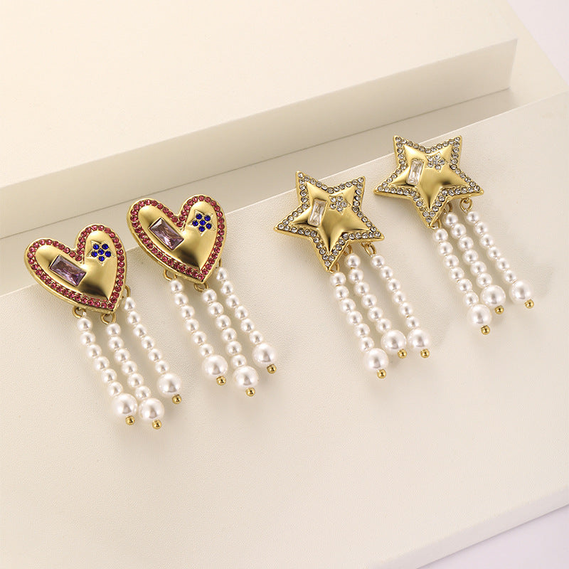 Wholesale Stainless steel five-pointed star love inlaid zircon earrings