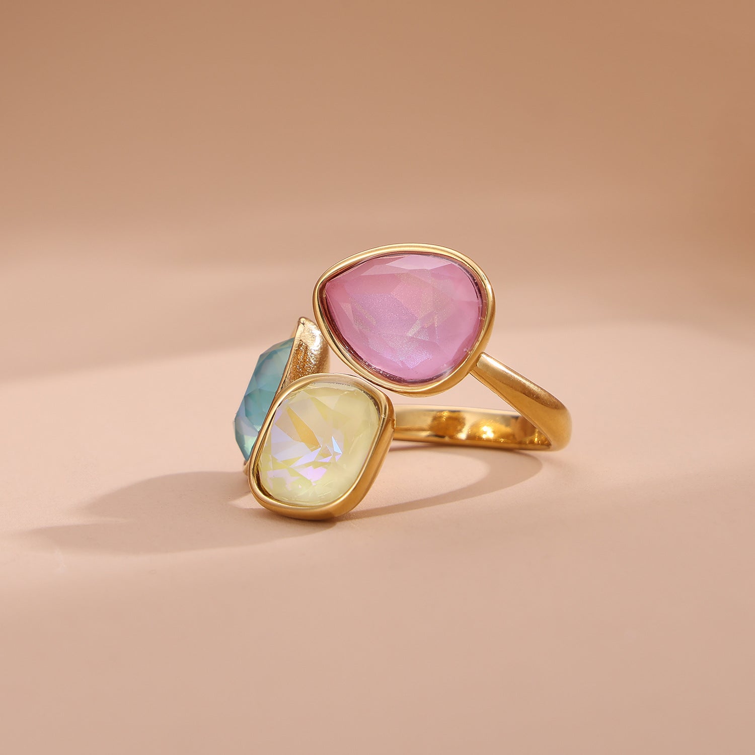 Wholesale Colorful titanium steel 18K gold-plated open water droplet square ring