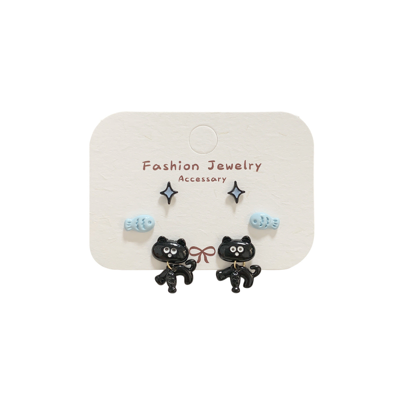 Wholesale Trendy Black Cat Earring Set,  Cute Cat Tail Design,  Silver Needle,  Zinc Alloy Drip Oil,  Everyday Jewelry Accessory