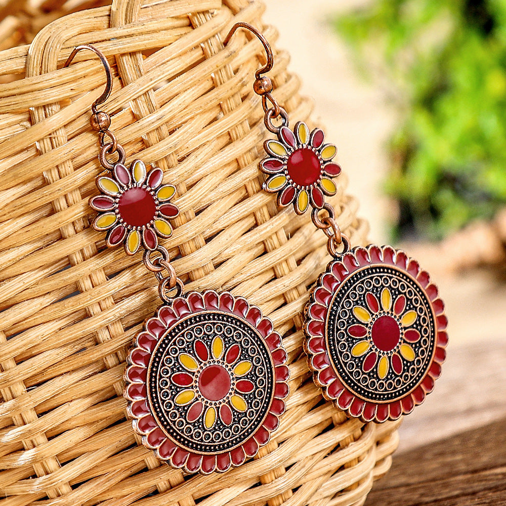 Wholesale Retro Sunflower Oil Drip Earrings - Zinc Alloy Jewelry Accessory for Party
