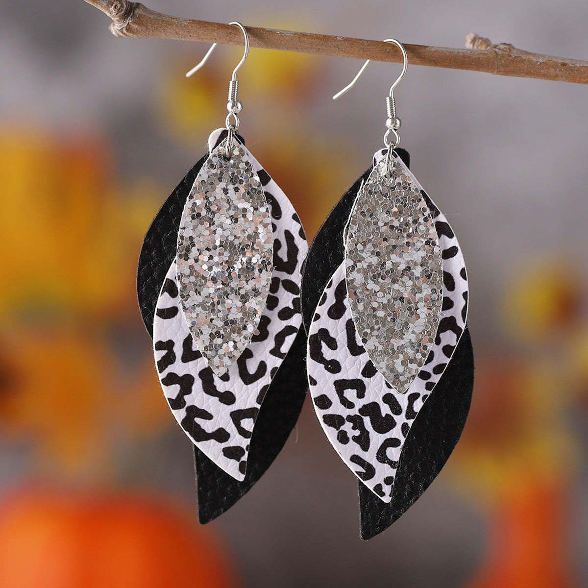 Wholesale Three-layer Leaf-shaped Sequined Leopard Leather Earrings ACC-ES-ChuLian113
