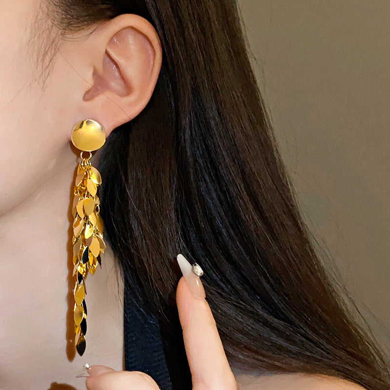 Wholesale Metal Sequin Leaf Tassel Earrings