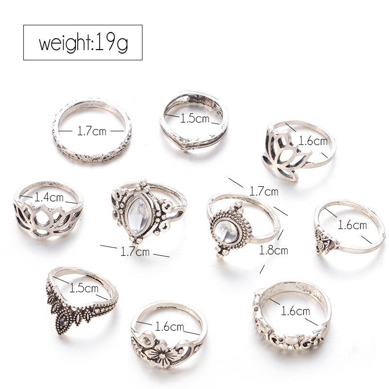 Wholesale 10pcs/set hollow carved large gemstone lotus shape ring combination