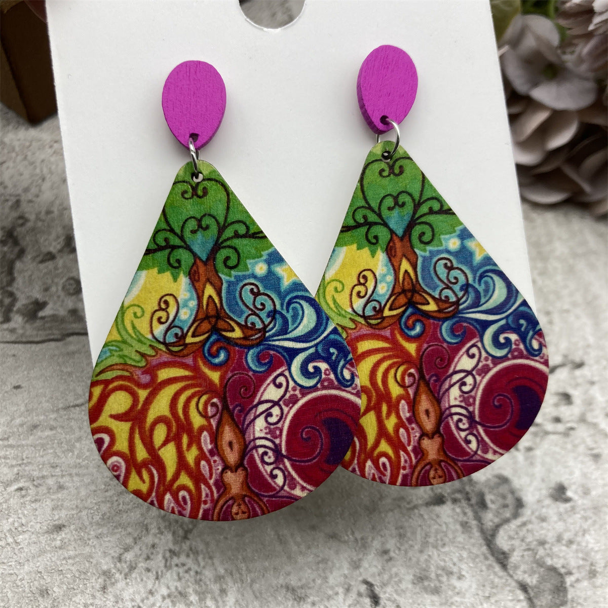 Wholesale Retro Bohemian Water Drop Wooden Print Earrings ACC-ES-FX011
