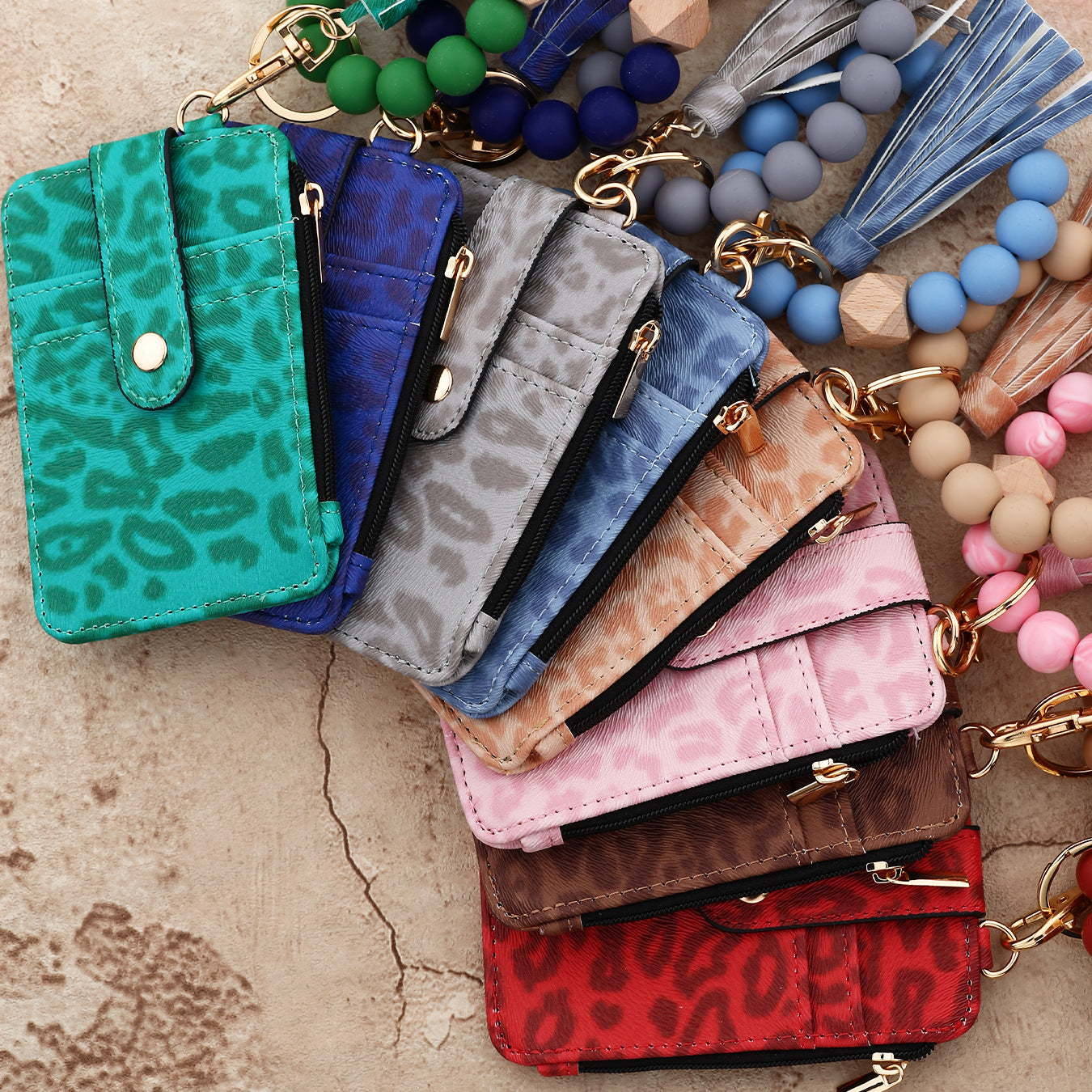 Wholesale PU leather and silicone bead bracelet leopard print wallet and keychain