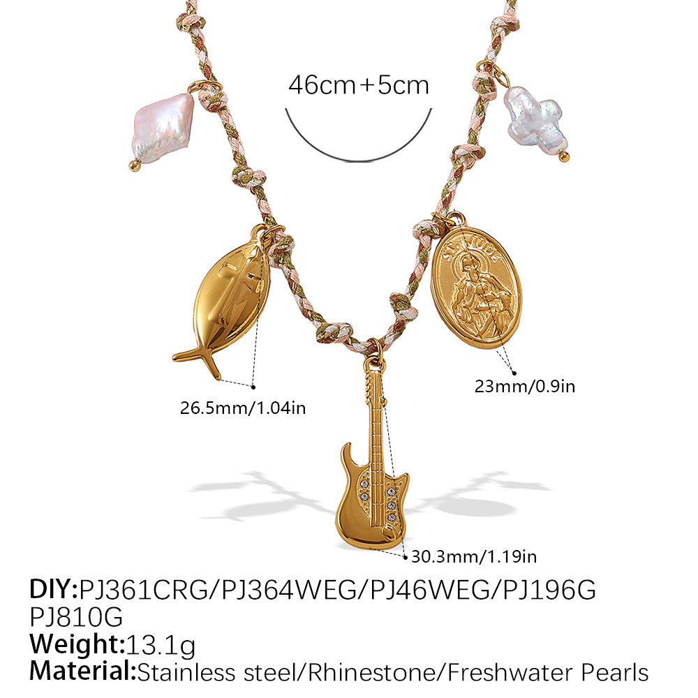 Wholesale  Retro Seaside Style DIY Freshwater Pearl Pendant Bracelet Stainless Steel Plated 18K Gold Ceramic Pendant Necklace for Women