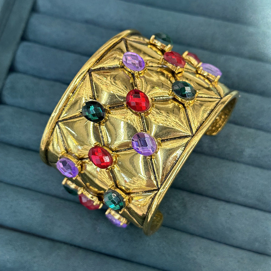 Wholesale  Old Diamond Plaid Color Gem Wide Bracelet