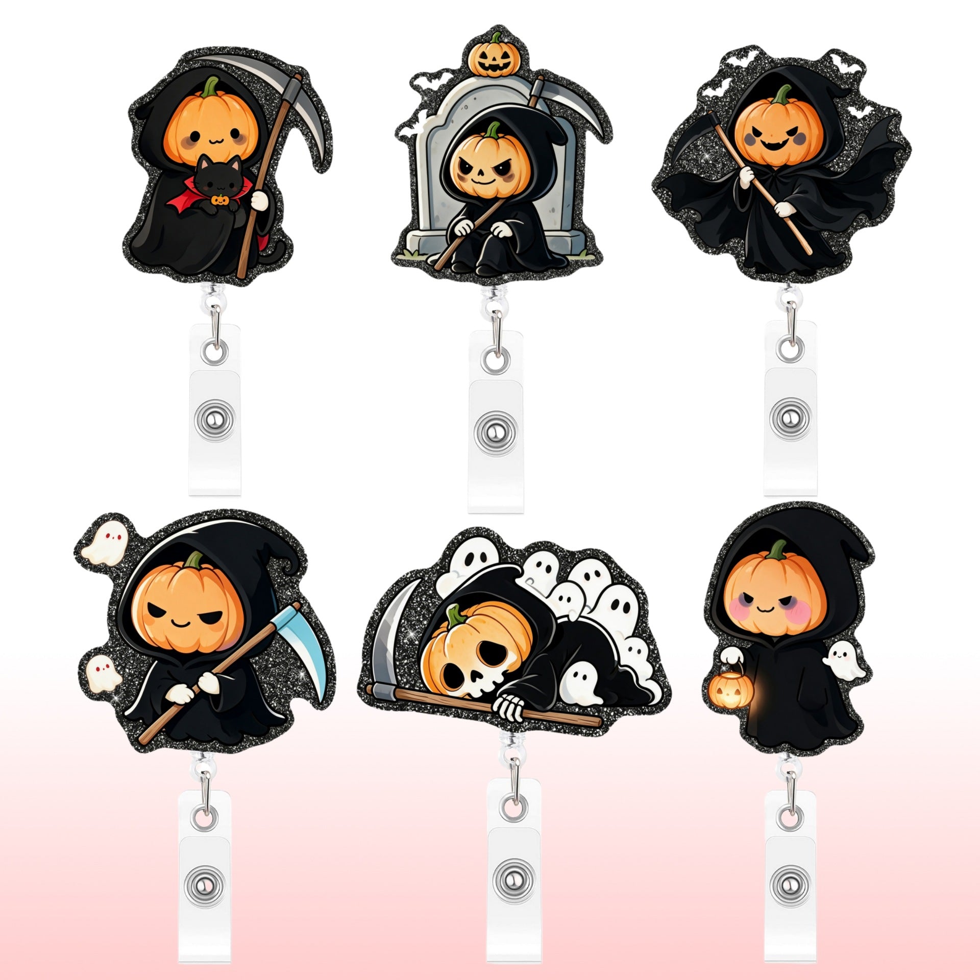 Wholesale  Glitter Acrylic Retractable ID Badge Holder Pumpkin Ghost Design Decorative Gift Accessory