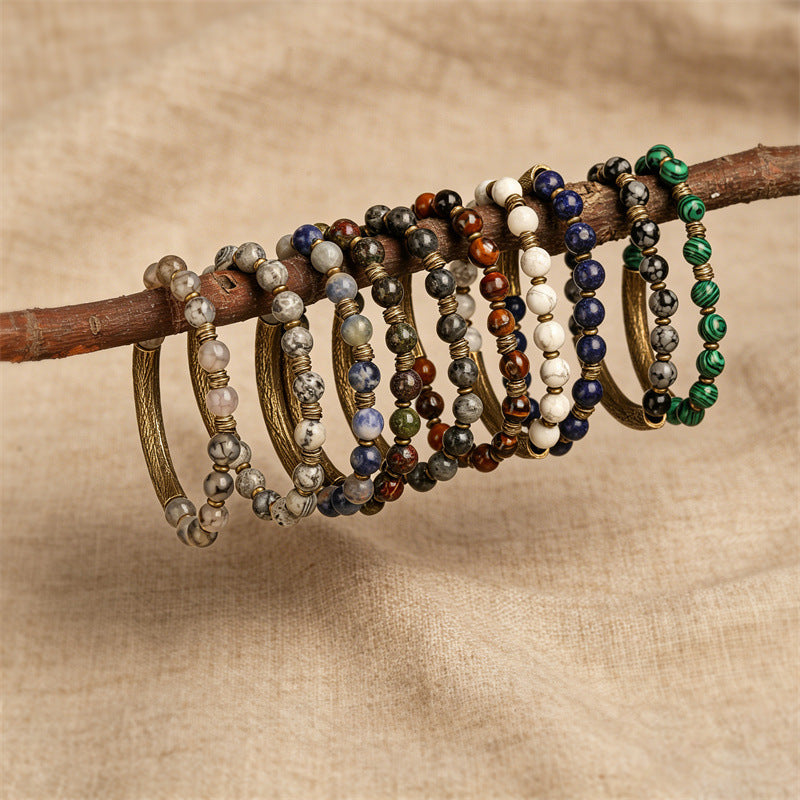 Wholesale White Turquoise Tiger Eye Stone Antique Gold Accent Beaded Bracelet Chinese Vintage Style Unisex Wedding Jewelry