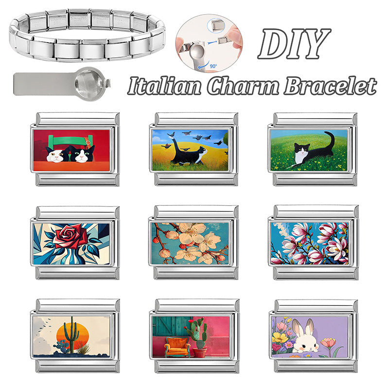 Wholesale Italian Style Cat and Flower Creative Stainless Steel DIY Bracelet Accessories Jewelry Gift
