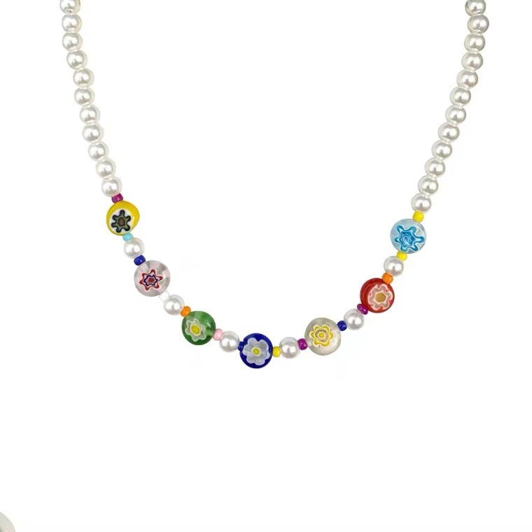Wholesale Small Daisy Glass Millet Beads Clavicle Necklace