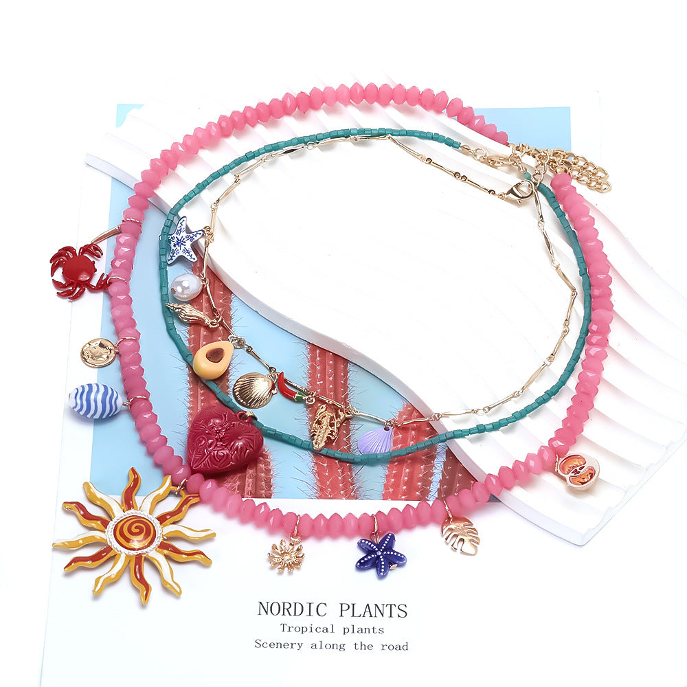 Wholesale Light Luxury Handmade Beaded Multi-layer Color Sun Love Crab Starfish Pendant Necklace