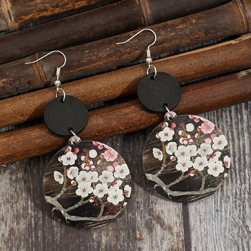 Wholesale Round printed plum blossom patchwork small disc acrylic earrings