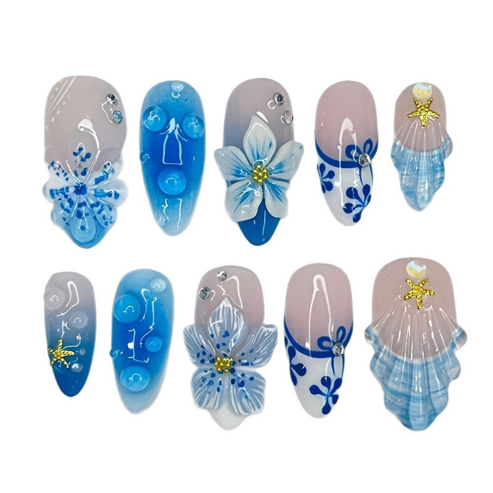 Wholesale 30Pcs Sweet Mermaid Beach Press On Nails With 3D Pearls Starfish Shells Almond Shaped DIY Manicure Set For Women