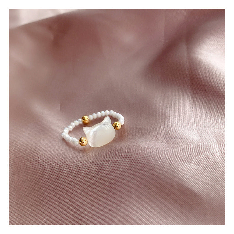 Wholesale Cat Head Crystal Style Ring White Shell Fashion Jewelry for Casual Everyday Wear