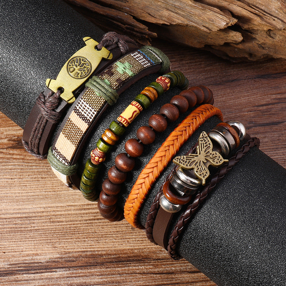 Wholesale Handmade Leather Wood Bead Bracelet 6 Pack Bohemian Peace Tree Butterfly Design Chic Unisex DIY Jewelry Gift
