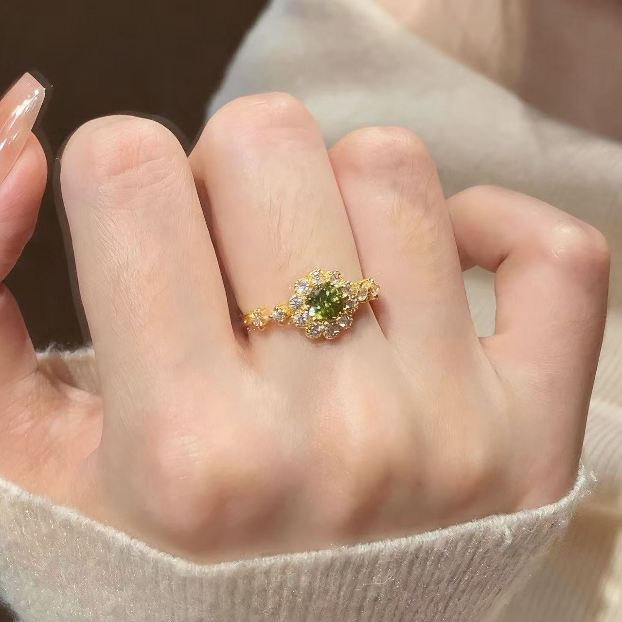 Wholesale Vintage French Olive Green Geometric Copper Zircon Adjustable Ring Fashion Jewelry Accessory for Boutique Resale