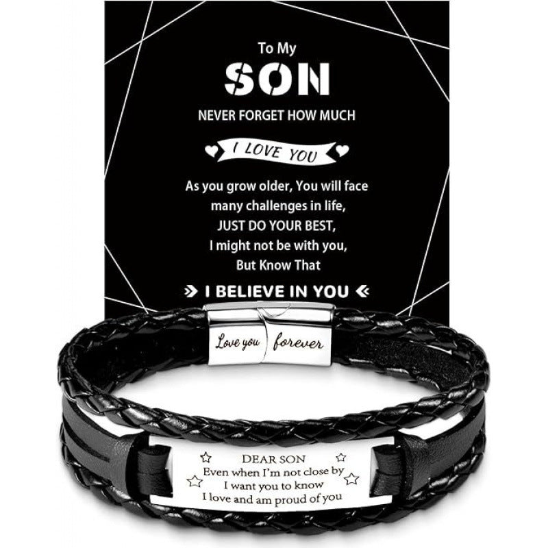 Wholesale Leather Steel Plate Bracelet,  Black Woven Steel Plate with Engraved Text,  Stainless Steel Tongue Clasp Leather Bracelet,  Three-Layer Leather Steel Plate Bracelet