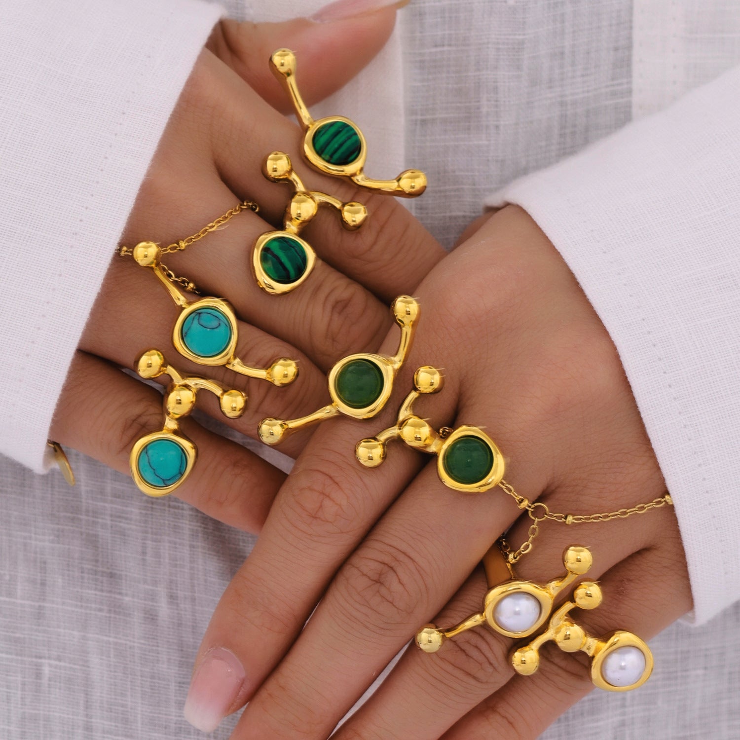 Wholesale Stainless Steel  Exaggerated Irregular Shaped Inlaid Beads Natural Stone Ring