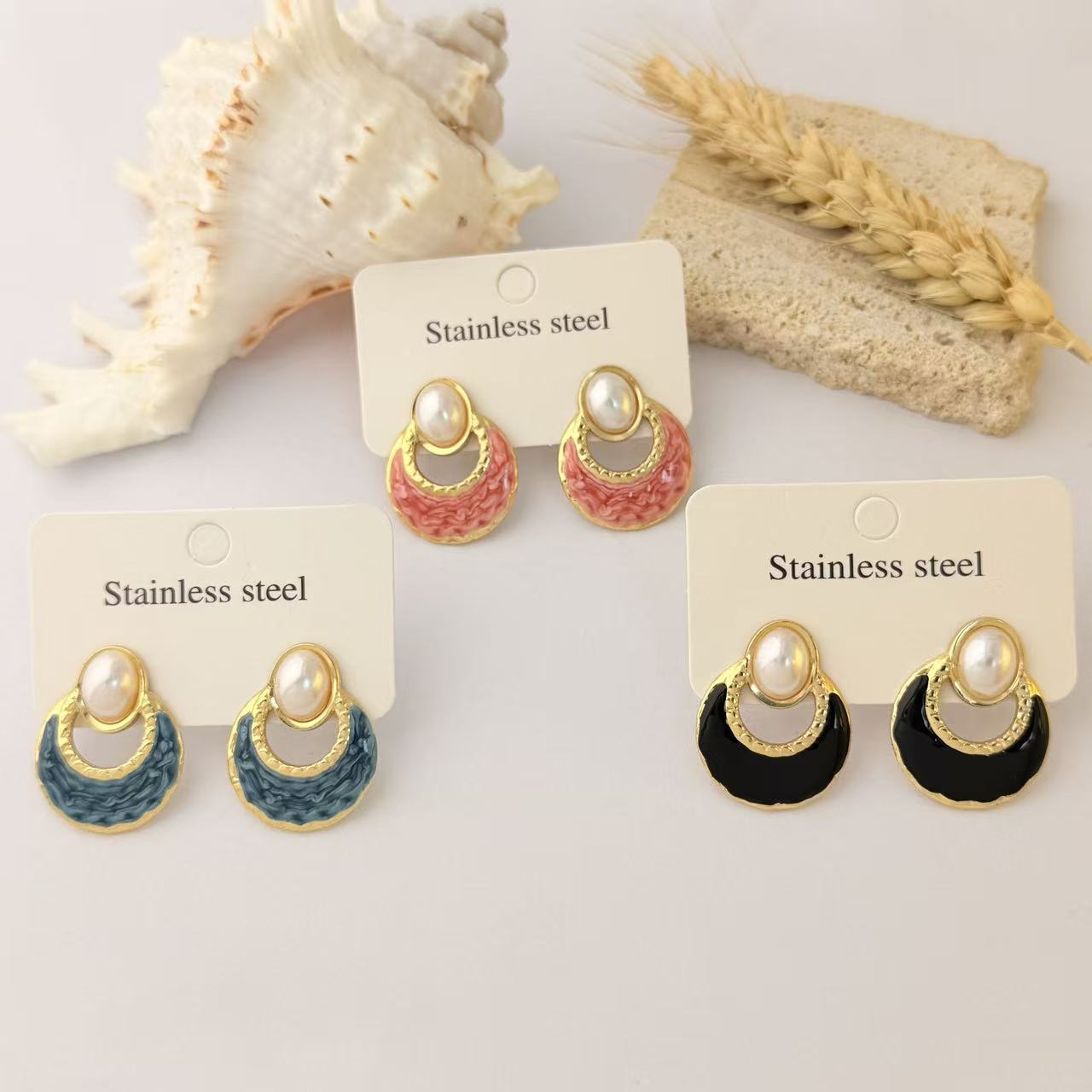 Wholesale Dripping Glaze Stainless Steel Earrings Minimalist Fan-Shaped Fashion Jewelry Accessory for Women