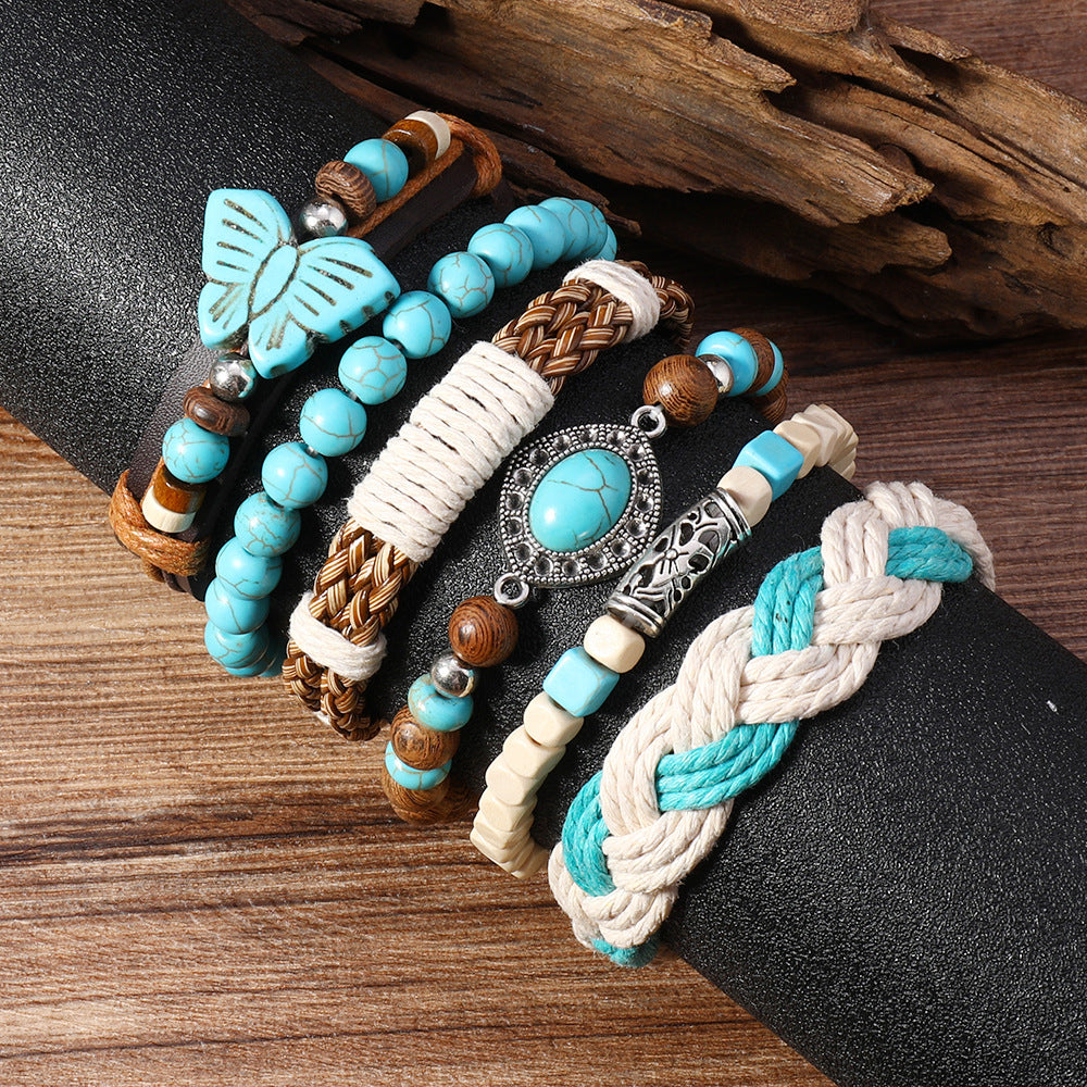 Wholesale Bohemian Men S Six Layer Leather Wood Bead Bracelet Butterfly Design Stylish Jewelry Accessory Everyday Party Gift For Boutique Resale
