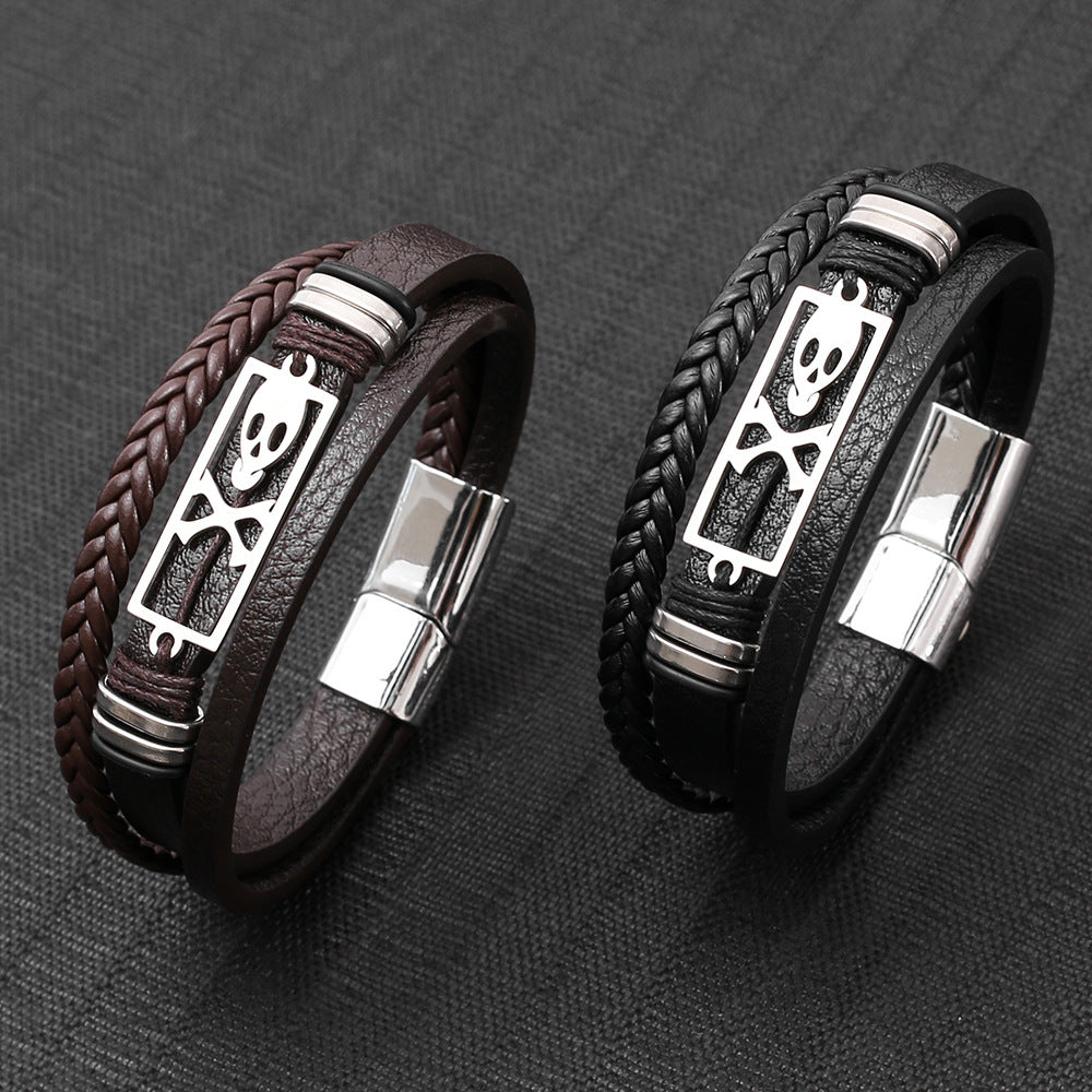 Wholesale Woven Faux Leather Skull Buckle Bracelet Trendy Punk Men S Fashion Accessory