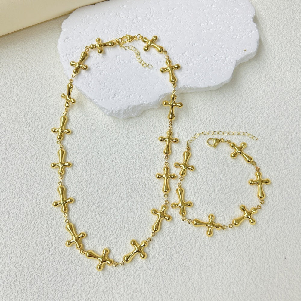 Wholesale  light luxury stainless steel three-dimensional hollow cross bracelet necklace suit
