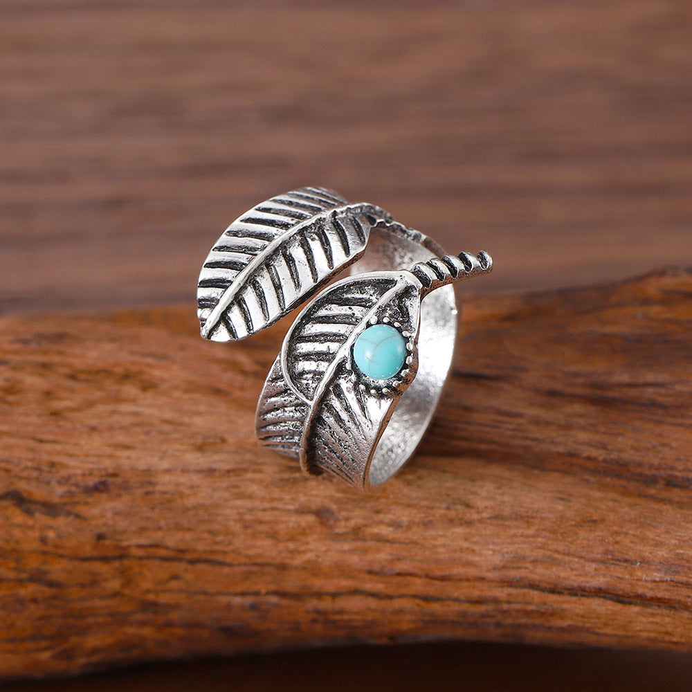 Wholesale  retro leaf turquoise opening adjustable ring