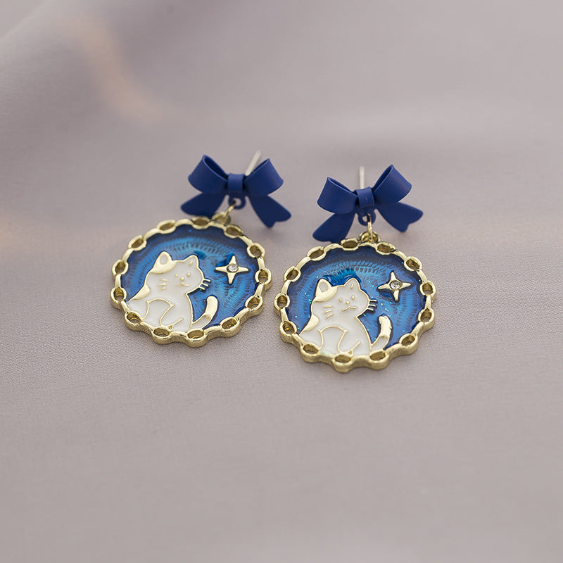 Wholesale Alloy Blue Bow Cat Earrings Japanese Style Clip On Cute Kitten Design Everyday Gift