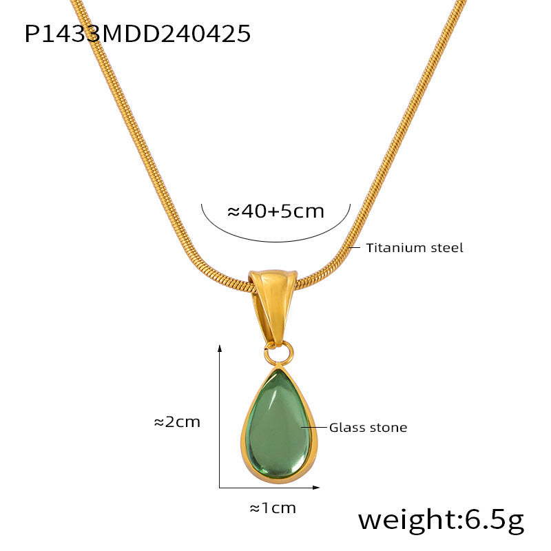Wholesale Retro Love Water Drop Glass Stone Pendant Titanium Steel Gold Plated Necklaces ACC-NE-OMK007