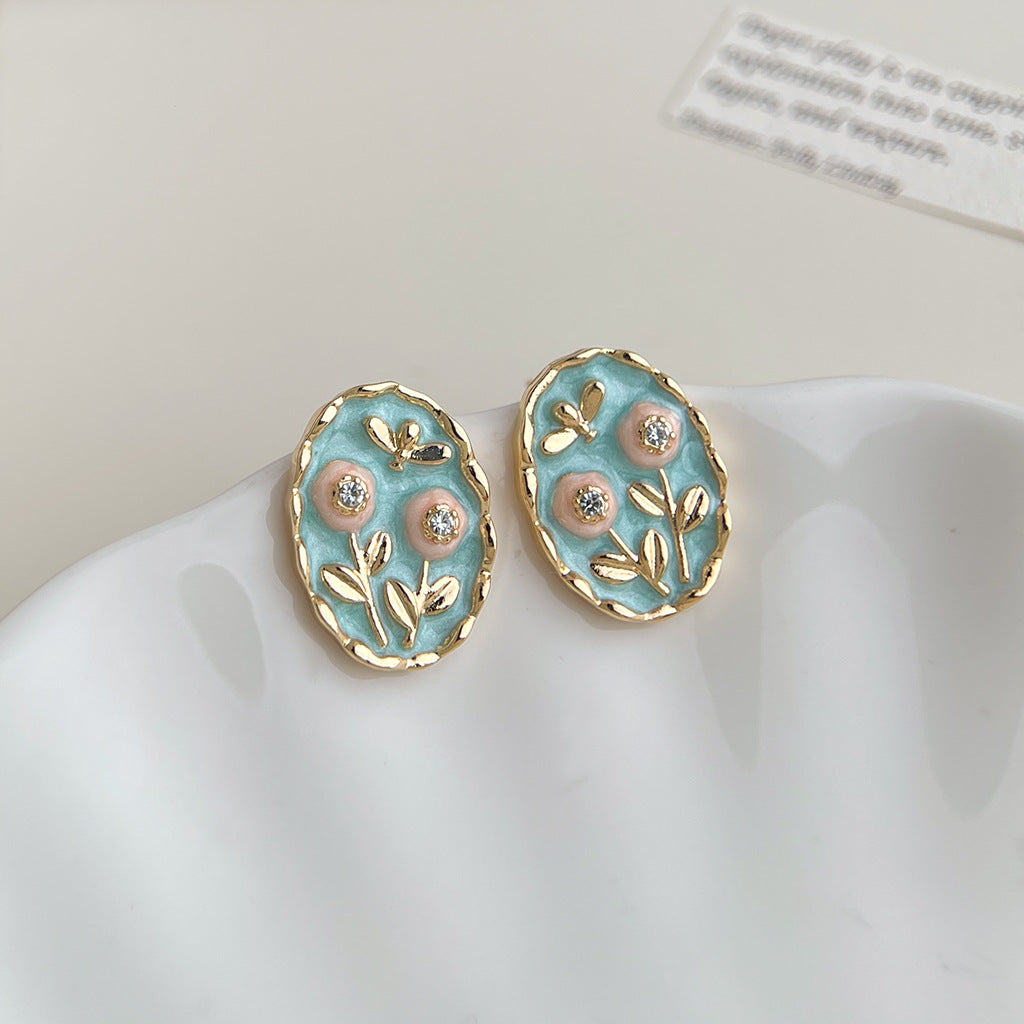 Wholesale Copper Blue Enamel Drip-Glazed Flower Earrings,  Fresh Floral Pearl Studs,  Fashion Accessory