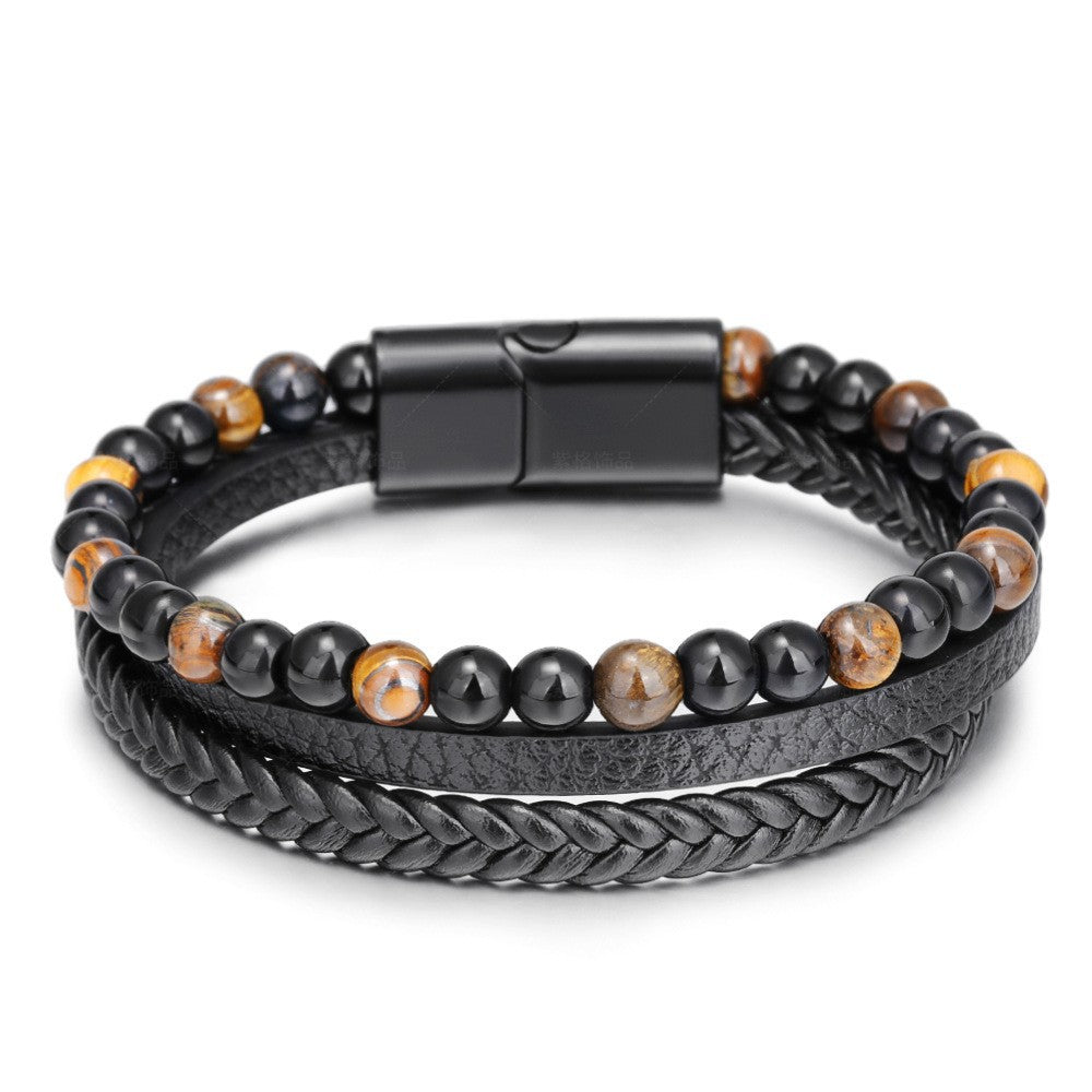 Wholesale Leather Natural Tiger Eye Stone Bracelet Handwoven Volcanic Stone Beaded Bracelet ACC-BT-ZiGe034